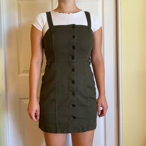 green denim dress, button up, black buttons, size M